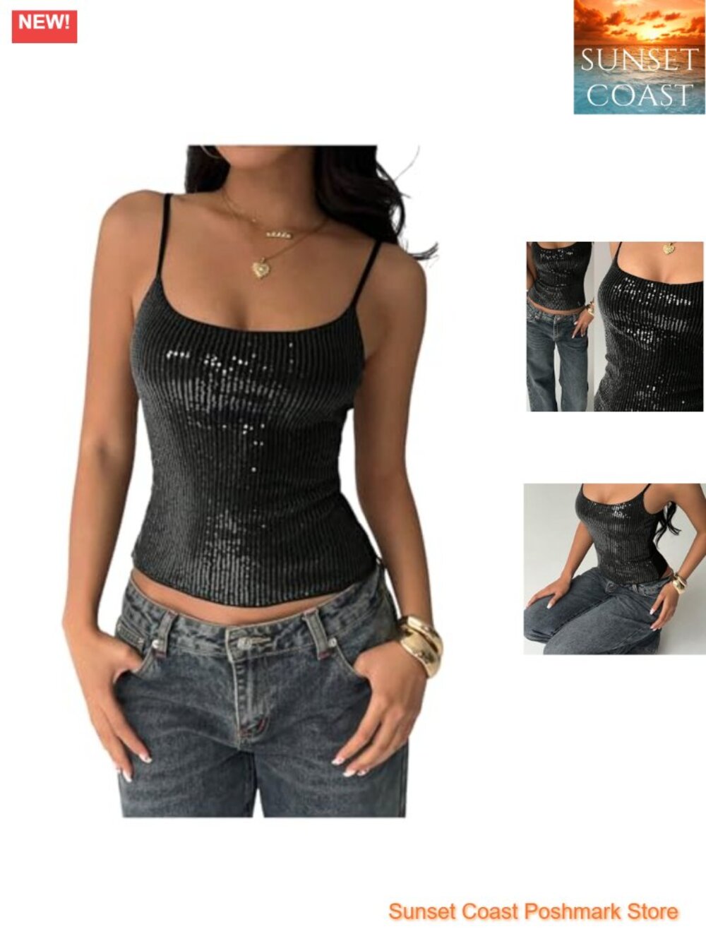 Sequin Spaghetti Strap Cami Top Sleeveless Slim Fit Crop Going Out Top